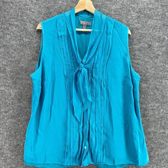 Kate Hill Blouse Women 18W Plus Blue V-Neck Tie Up Sleeveless Silk Wide Strap - Picture 3 of 8